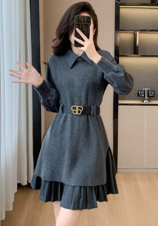 Dark gray knitted skirt suit