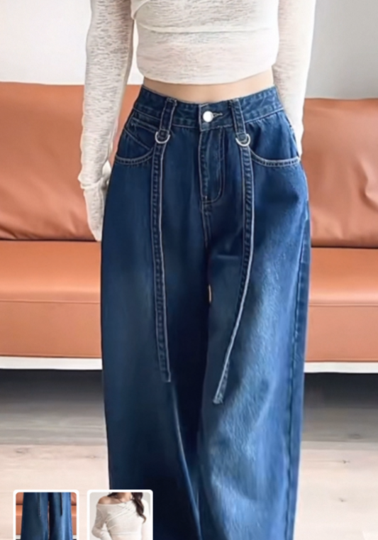 深藍寬鬆牛仔褲