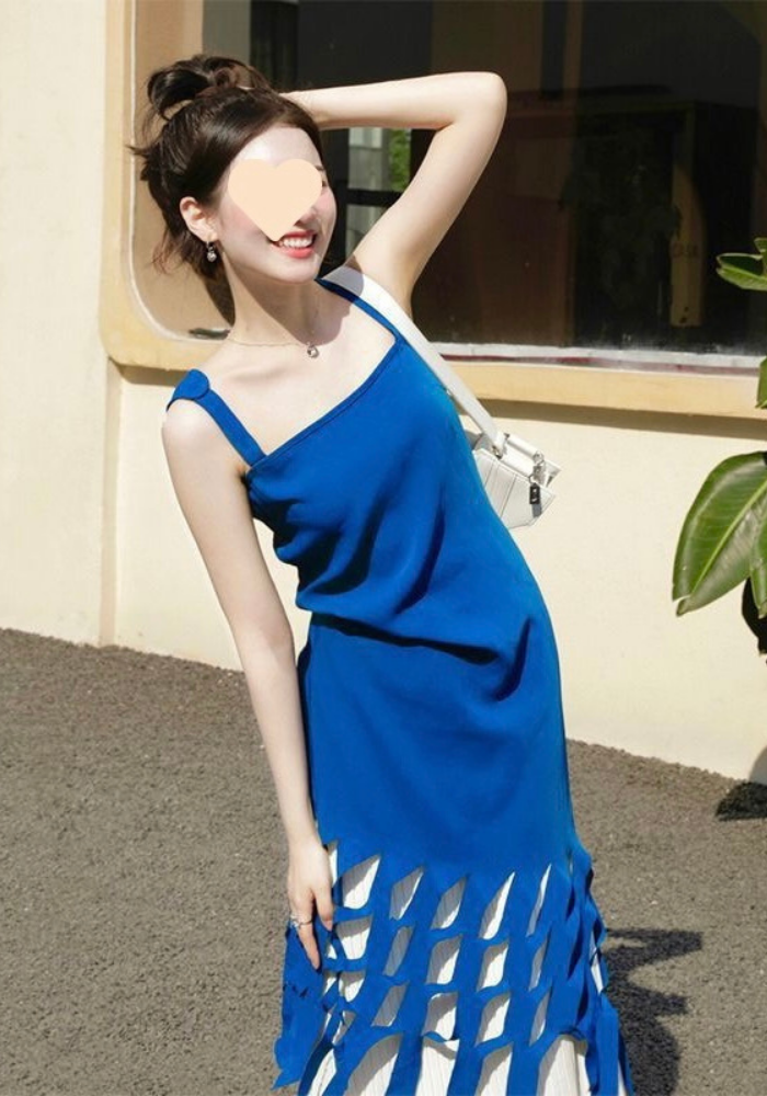 法式赫本風藍色吊帶連身裙