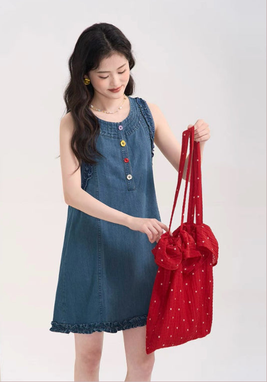 彩色扣牛仔裙