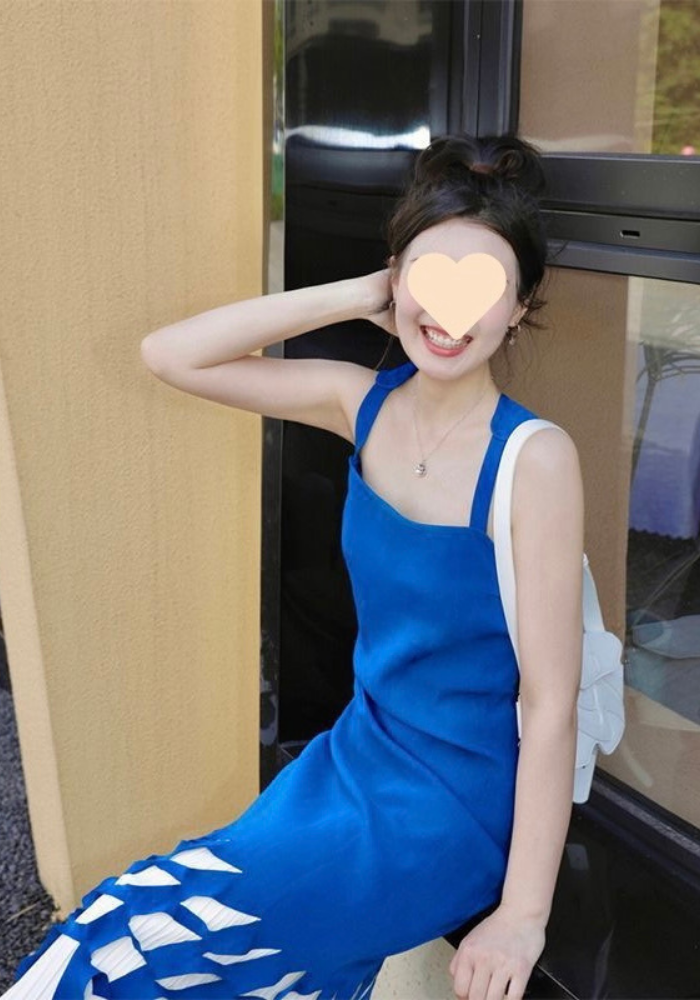 法式赫本風藍色吊帶連身裙