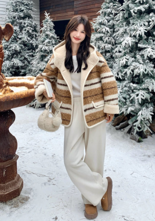 Striped hooded shearling coat
