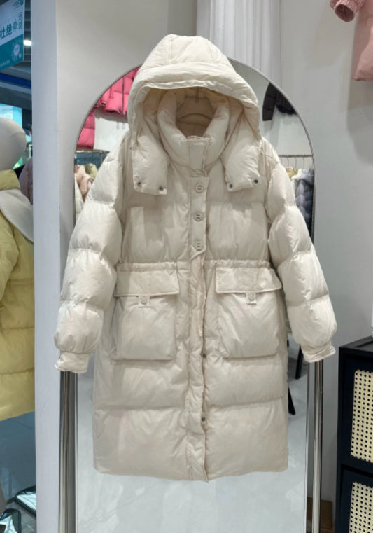 Long, fitted, hooded down jacket