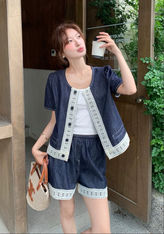 牛仔蕾絲邊套裝