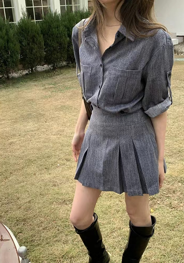 Textured shirt + pleated skirt set
