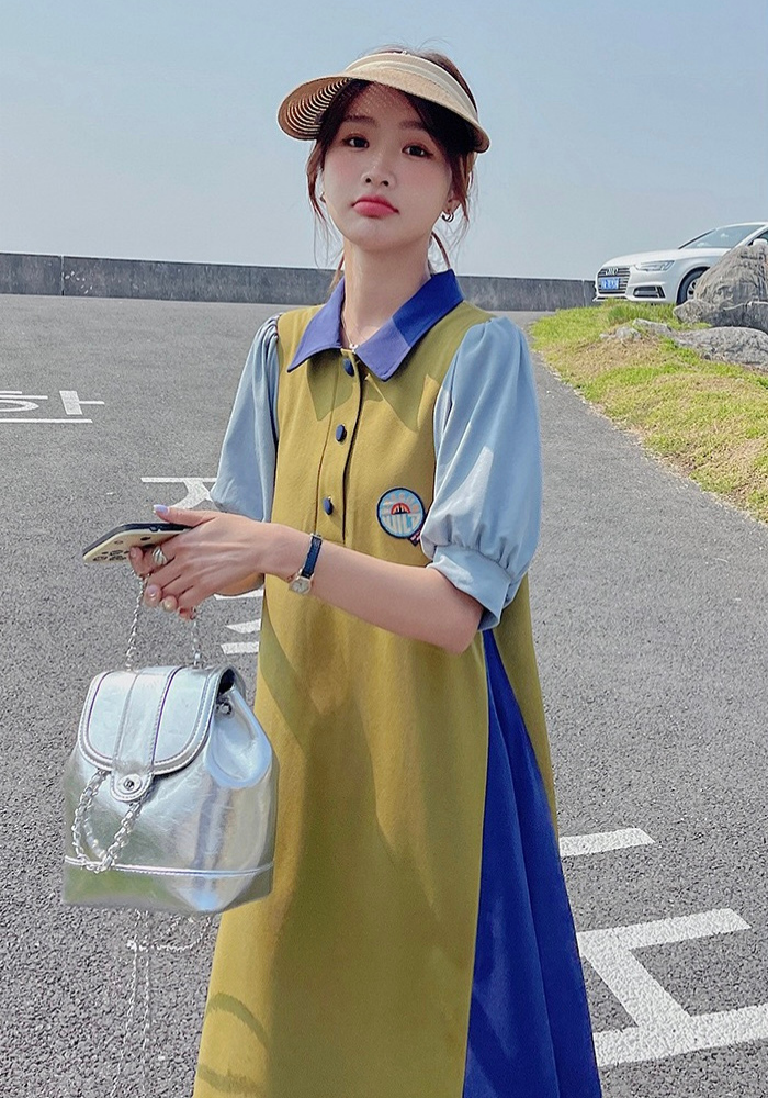 拼色Polo領衛衣連身裙