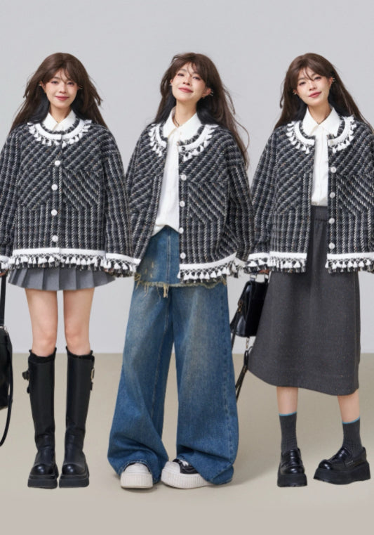 黑白格流蘇外套