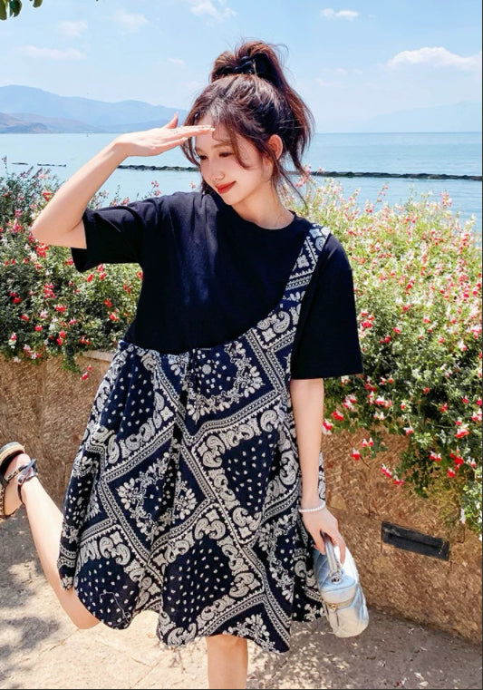 假兩件印花裙
