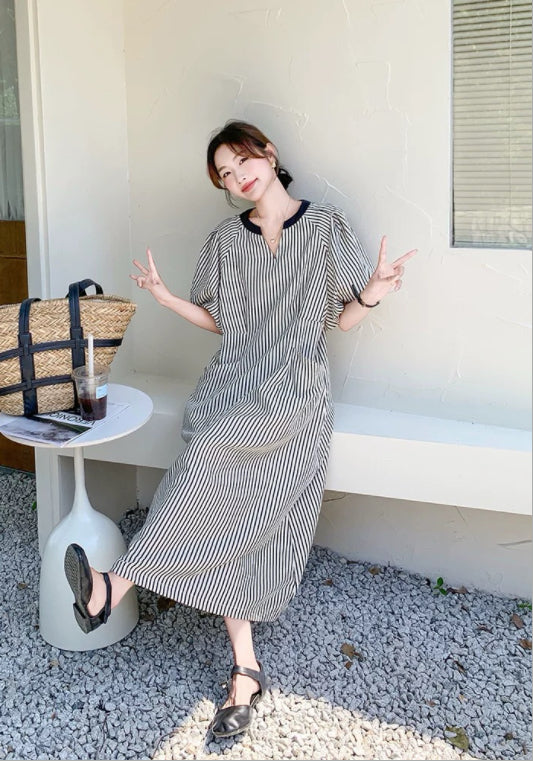泡泡袖條紋裙
