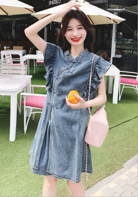 牛仔花邊斜扣套裝