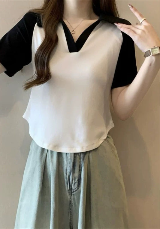 Polo collar color-blocked top