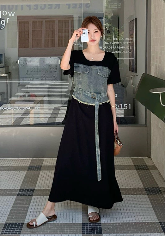 牛仔拼接裙