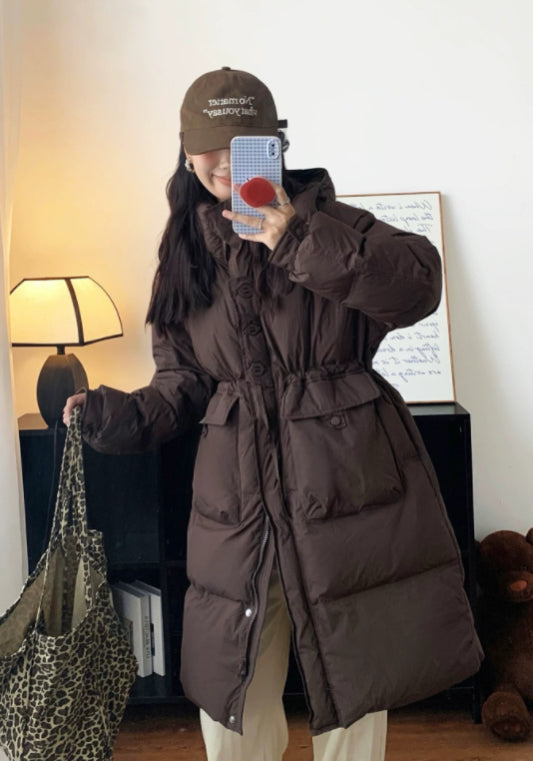 Long, fitted, hooded down jacket