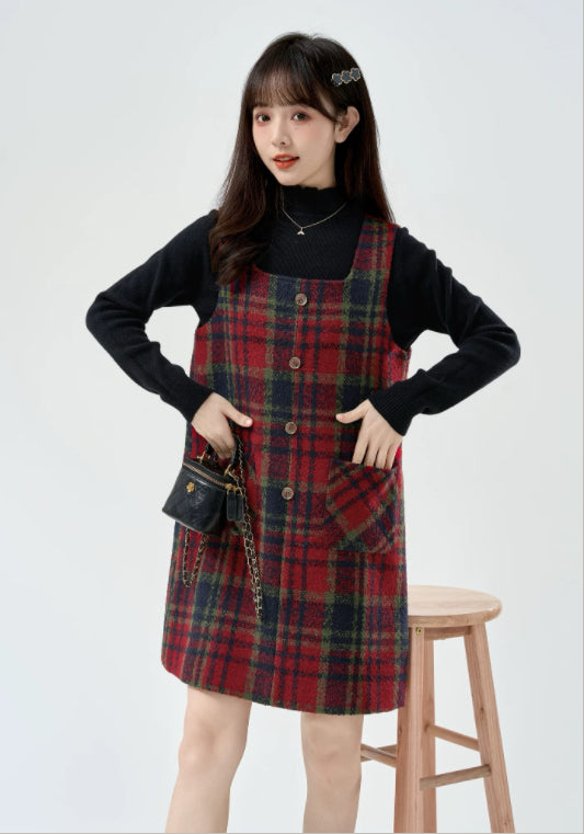 紅格仔毛呢背帶裙
