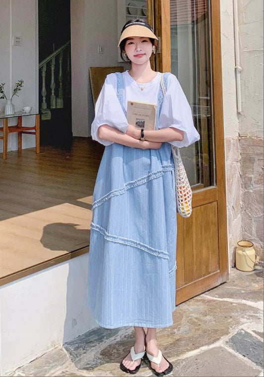 Two-piece set of puff sleeve denim skirt