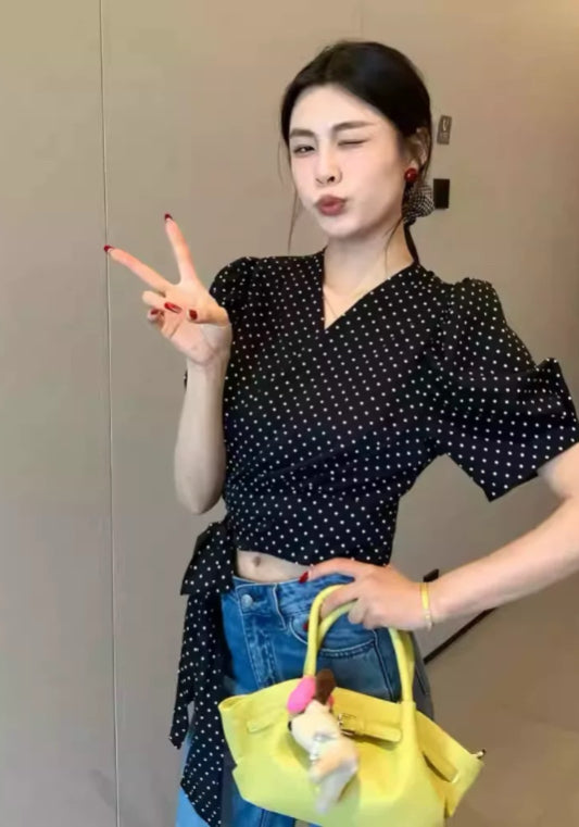 波點收腰上衣
