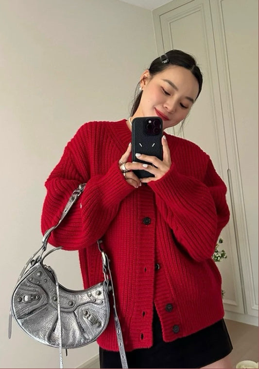 紅色毛衣開衫