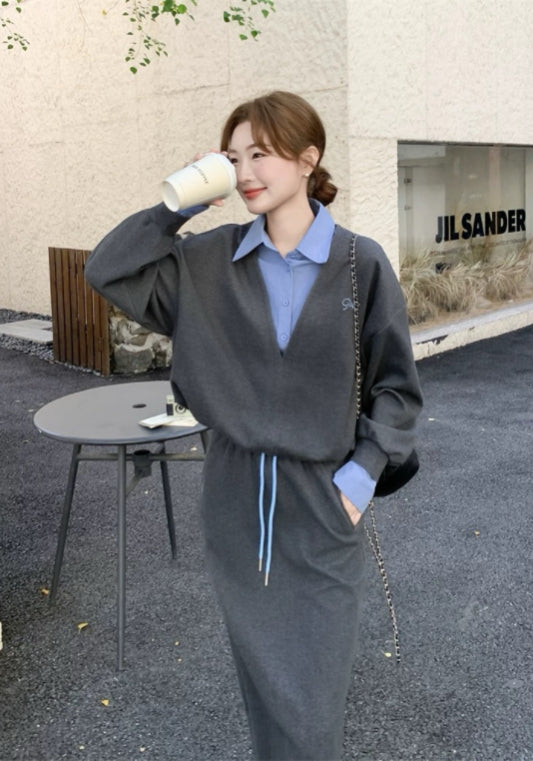 Faux two-piece V-neck suit