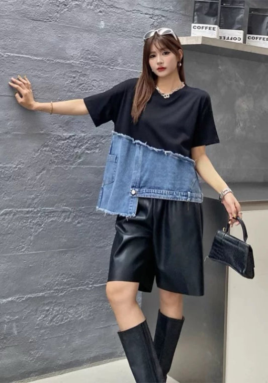 牛仔拼接上衣