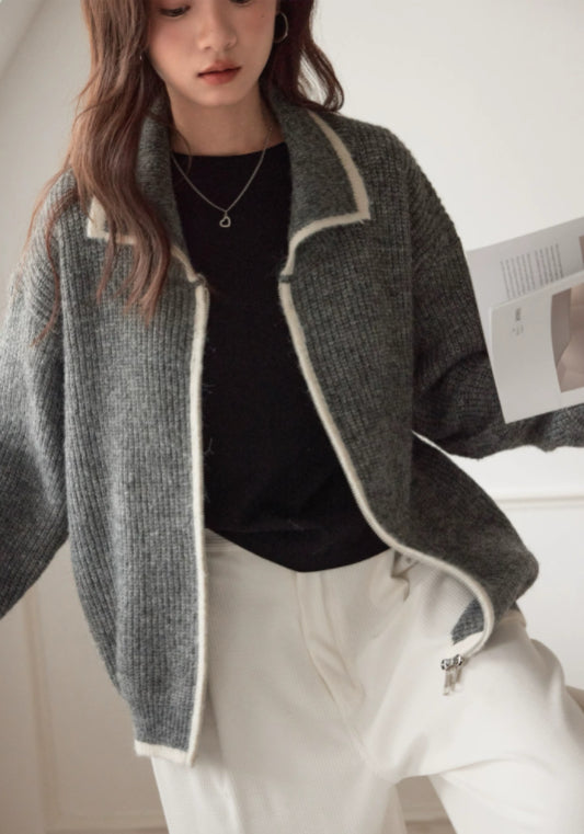 Zippered color-blocked knit sweater