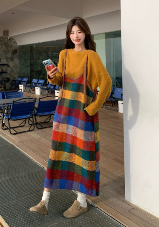 Striped pinafore dress two-piece set