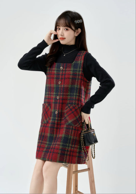 紅格仔毛呢背帶裙