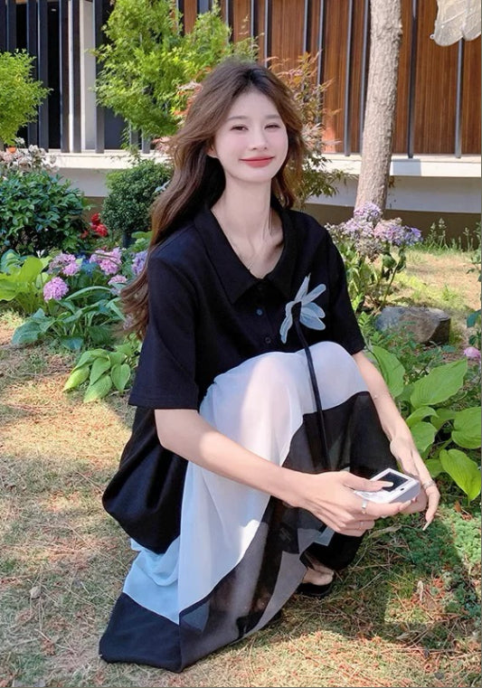 黑白小花拼接裙