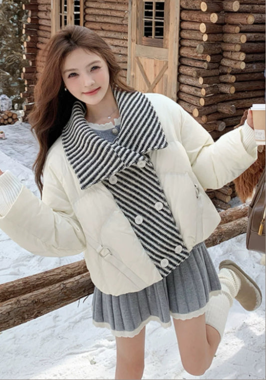 條紋領羽絨服-鵝絨