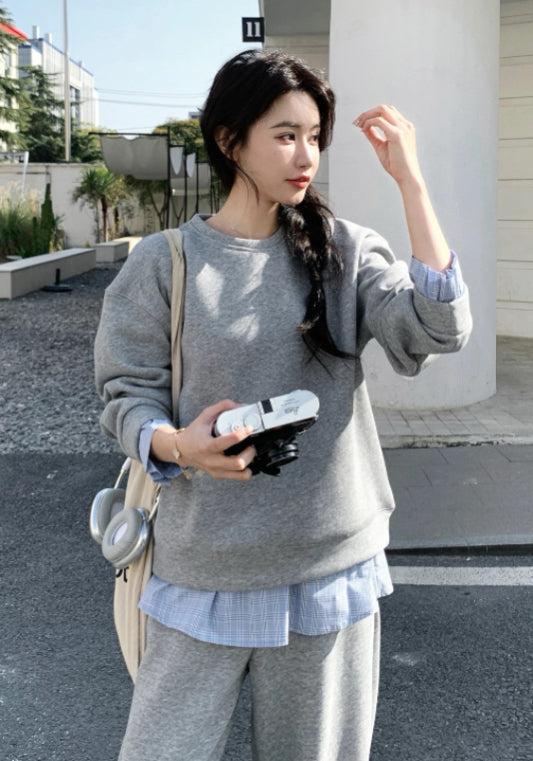 灰藍拼接衛衣套裝