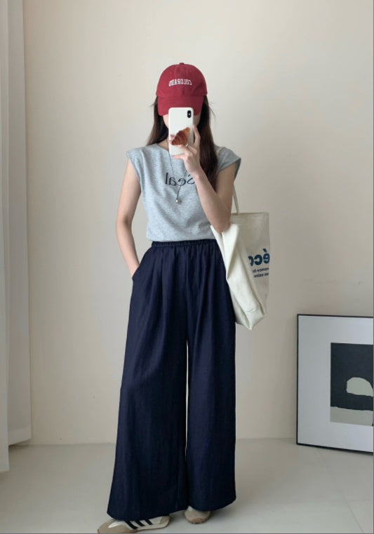 深藍闊腿褲
