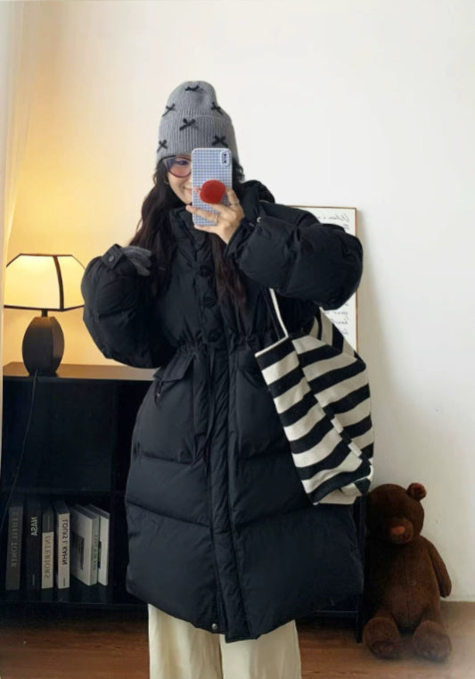 Long, fitted, hooded down jacket