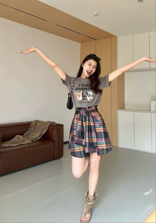 彩色格仔裙褲