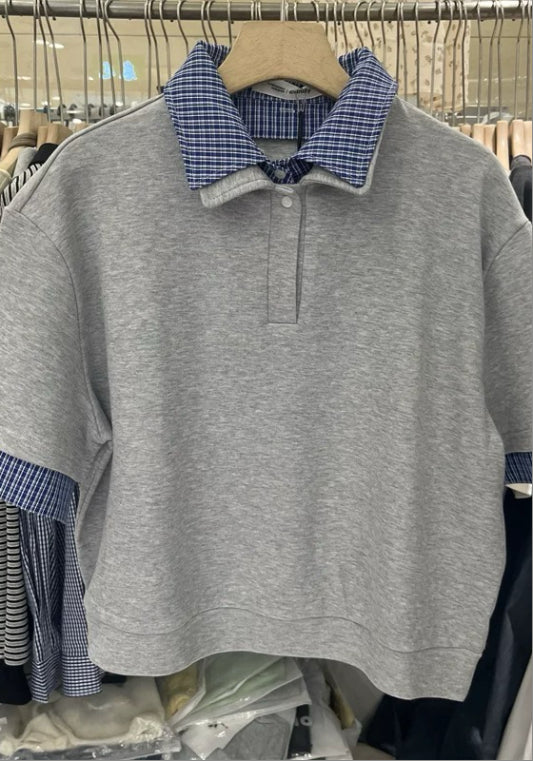 Polo collar faux two-piece plaid top