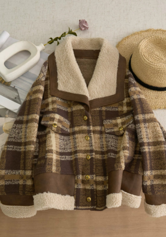 Retro plaid shearling coat