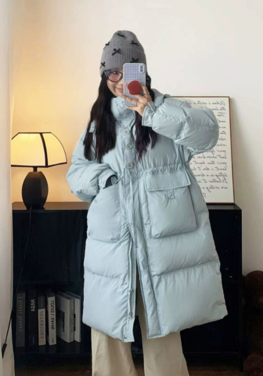 Long, fitted, hooded down jacket