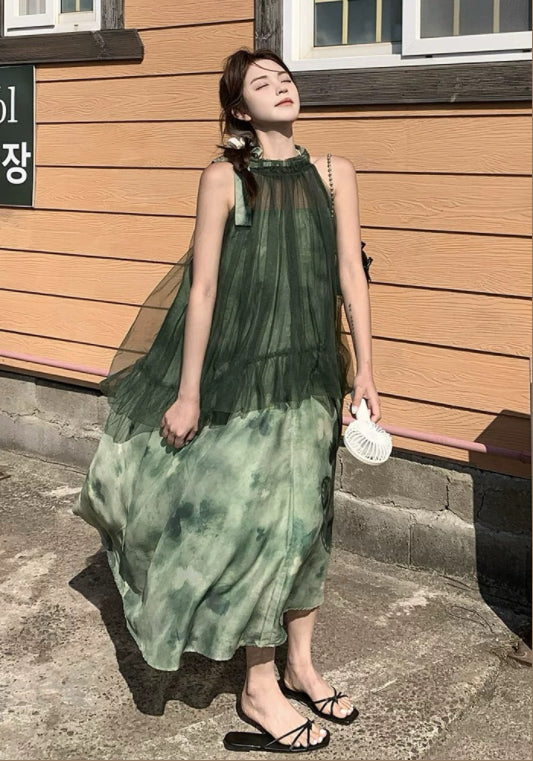 綠色網紗拼接裙