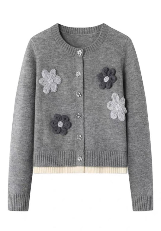 Gray three-dimensional floral sweater