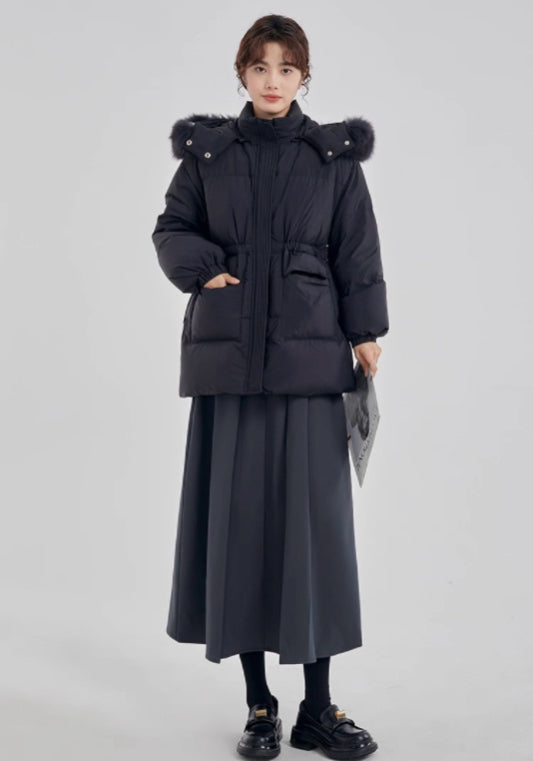 毛絨連帽收腰羽絨服