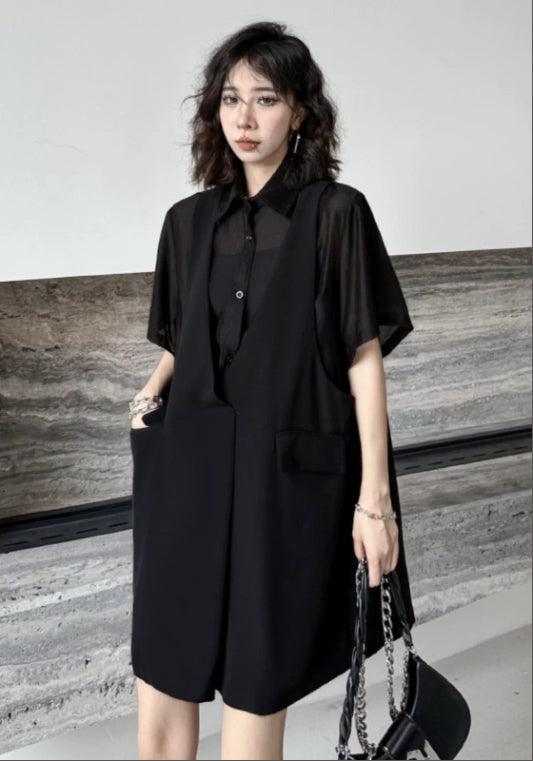 黑色假兩件天絲裙