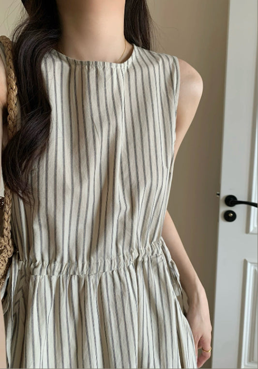 Khaki sleeveless striped dress