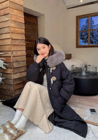 毛絨牛角扣羽絨服