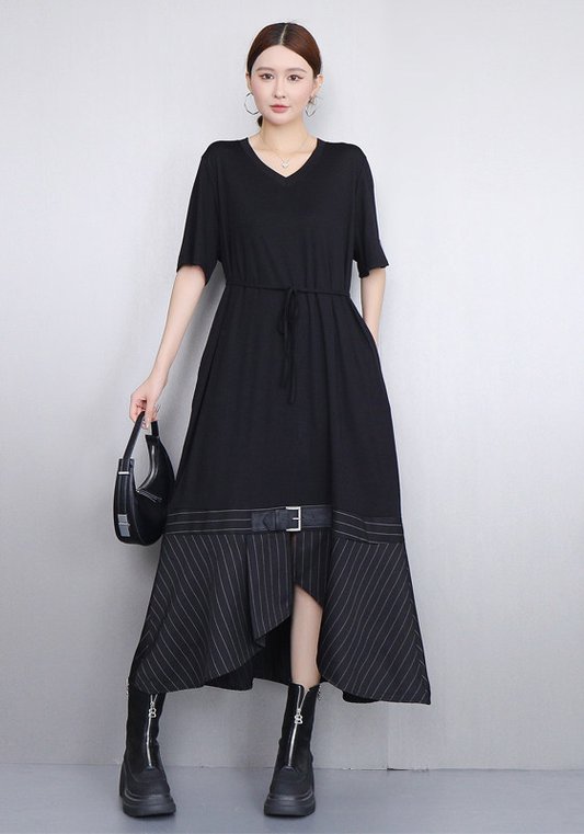 條紋皮扣連身裙