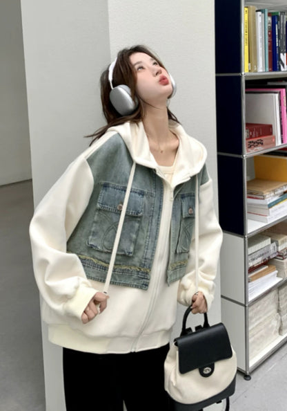 牛仔拼接衛衣外套