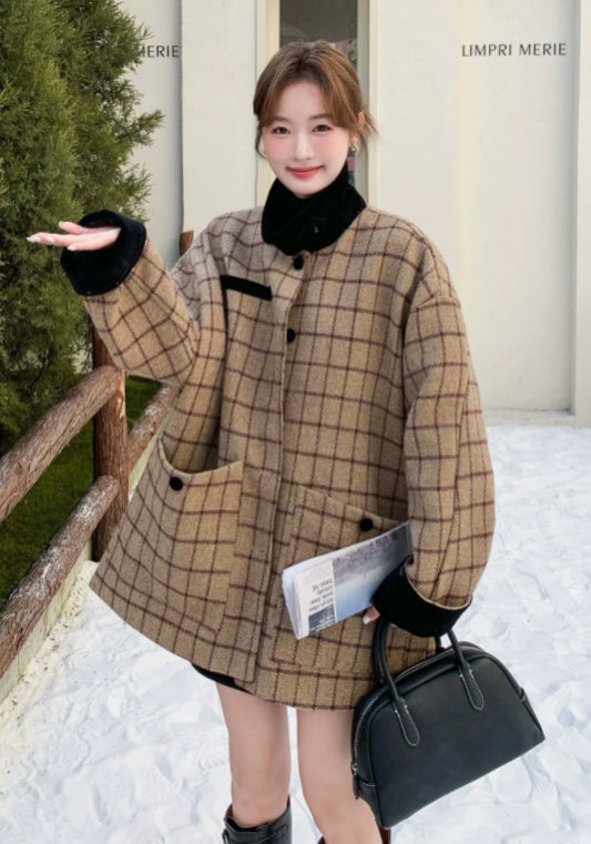 卡其格仔羊毛外套