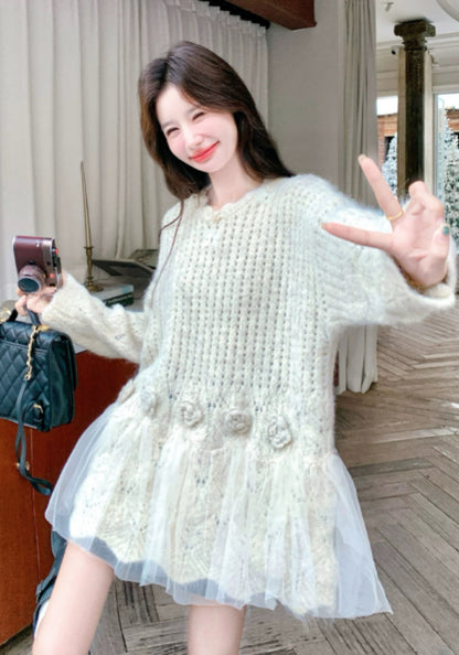 立體花網紗拼接毛衣