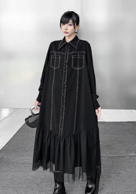 線條網紗拼接黑裙