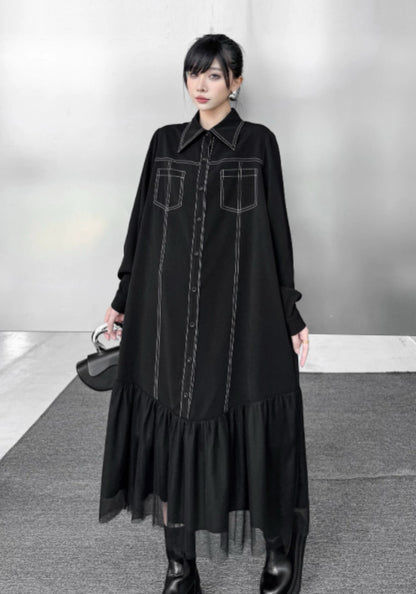 線條網紗拼接黑裙