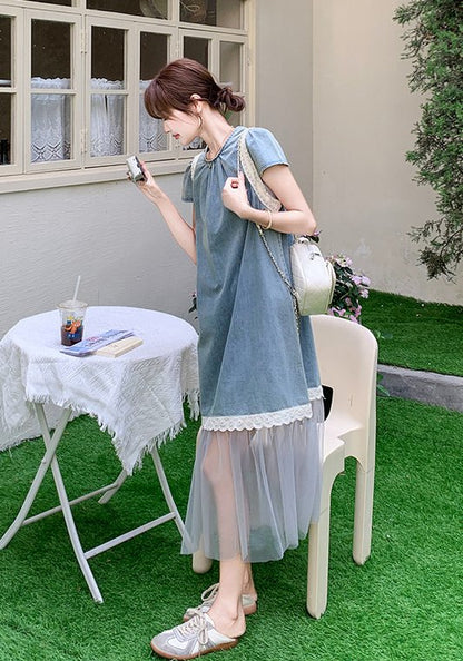 牛仔網紗拼接裙
