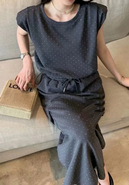 Hot diamond top + high waist skirt two-piece set