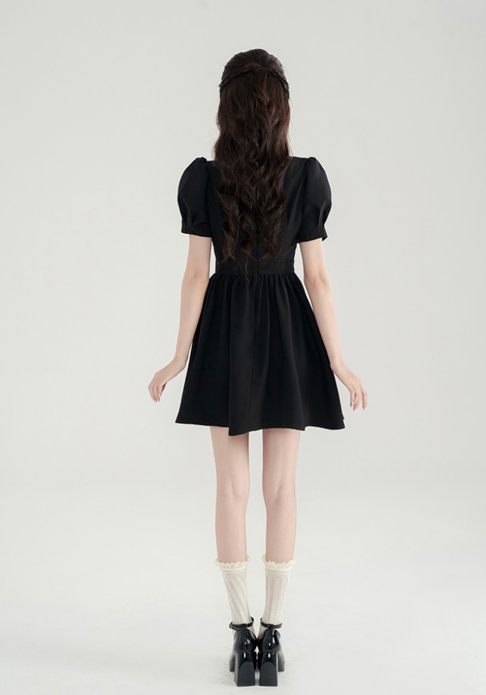 [Elegance waisted black square neck dress]